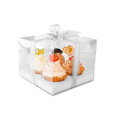 Clear Cupcake Box w / White Base 4 Cavity