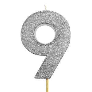 Silver Glitter Number 9 Candle 4"